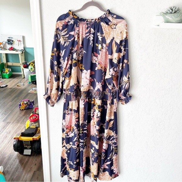 Terra & Sky Dress Women's 2X Blue Bird Floral Print Peasant Maxi - Picture 2 of 8